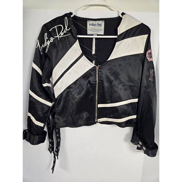 indigo RED Jackets & Blazers - Indigo Red Black Satin Like Biker Cropped Jacket Grunge With Belt Buckles Size M